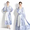 Flare Kollu Mavi Vintage Uzun Elbise Paisley Floral V-Butt İnce Kereste Yan Yay Sarısı Maxi Elbise 2023 Kadın Tasarımcı Vac183q