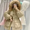 Frauen in Parkas New Damen Winter Mode mit mittlerer Länge dicker Pelzausschnitt Taillenpark geeignet für Frauen Feste Farbe Pelz weißer Entenmantel Z230817