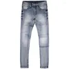 Men's Jeans Fashion Trendy Men Retro Blue Plain Washed Elastic Slim Fit Ripped Trousers Vintage Designer Denim Pants Hombre