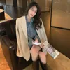 Kadınlar Blazers Sonbahar Çarpıştırma Kadınlar İçin Koreli Tek Yemeli Dokulu Blazer Bayanlar Uzun Kollu Cepler Zarif Dış Giyim 230815