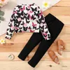 Ensembles de vêtements Années Enfants Fille Vêtements Ensemble Mignon Papillon À Manches Longues Haut Pantalon Noir Mode Printemps Automne 2PCS Outfit Vêtements Pour Enfants