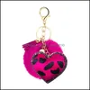 Keychains Lanyards Creative Tassel Heart Pompom Keychain Small Gift Rhinestone Leopard Print Flannel Unique Pu Leather Love Style Im Dhtlz