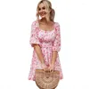 Casual Dresses Chiffon Dress Floral One-Line Neck Ruffles Beautiful Back Knee-length Lantern Sleeves A-Line Printed Romantic