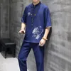 Men's Tracksuits 2024 Summer Suit Chinese Style Embroidered Cotton Linen Suits Casual Fashionable Short Sleeve T-shirt Men