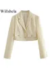 Damenjacken Willshela Women Mode mit Taschen Beige Single Breasted Cropped Blazer Vintage Kerbe Hals Langarmes weibliche schicke Outfits 230815