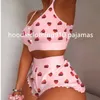 Senhoras sleep lounge 2023ss novo 100% algodão pamas 2 peças conjunto kawaii morango impressão babados cami conjunto bonito colheita superior shorts conjunto pamasmm01