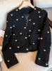 Jackets femininas outono de inverno moda coração fivela preta lã tweed jaqueta curta casaco mulheres vintage manga longa v cardigã de onda de pescoço 230815