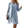 Casual Dresses Spring Autumn Women Pure Color Fall Dress Set Hollow Out Lace Cardigan Satin 2 Piece S-5XL