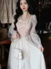 Summer Pink Sweet Elegant Dres Chiffon Lace Vintage Evening Party Midi Dress Long Sleeve Korean Style Retro Female 230808