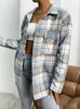 Kvinnorjackor Kvinnor Plaid Flap Pocket Drop Shoulder Overcoat Button Jacket Oversize Loose Long Sleeve Top Casual High Street Coat Blue