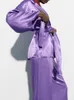 Calças de duas peças femininas Moda Temperamento de seda cetim de cintura alta correia reta Pernela decorada de jaqueta de camisa de terno 230815