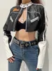 Womens Jackets Darlingaga Streetwear Punk Style Patchwork Cropped PU Leather Jacket Women Zipper Autumn Winter Jacket Contrast Color Basic Coat 230815