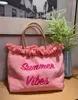 Evening Bags Women Designer Pink Canvas Tassels Tote Shoulder Bags Knitting Cloth Embroidered Letters Handbags Female Summer Travel Beach Bag 230815