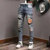Мужская джинсы уличная одежда мода мужская ретро синее растяжение Slim Fit Vintage Ruped Leopard Patch Designer Hip Hop Pants Hombre