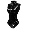 Mulheres Macacões Macacão Preto Crotch Zipper Sem Mangas Sexy Spandex Bodysuit Couro Látex Catsuit Pvc Macacão Mulheres Curto Pu Clubwear 230815