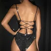 Jumpsuits de mujeres Rompers vendaje sin respaldo strep stap strep bodycon Glitter Bodies Ladies Casual Black Woman Body Top Party Summer 230815