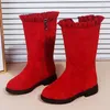 Sneakers Girls Boots 2023 Winter Fashion Warm pluche prinses Kinderschoenen Black Red Low Heel Kinderen Hoge maat 26 37 CSH1199 230815