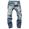 Herren Jeans Fashion Button Ripped Nostalgic Männer Hosen gerade schlanke fit Baumwolle Hochqualität Casual Jeanshose