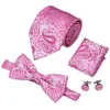 أزياء Hi-tie Mens Tie Pink Floral Bowtie المنسوجة مع أزرار أكمام منديل لبدلة فستان الزفاف الرجالي LH-0702 D-0379279Z