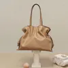 Evening Bags Genuine Leather Draw-string Bag Women Large Handbag Fashion Bucket Casual Totes High Quality Pleated Shoulder 2023