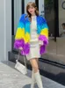 Högkvalitativ vinterbeläggning Kvinnor Rainbow Fluffy Faux Fur Coat Women Luxury Mid Long Oversize Ladies Coats and Jackets