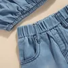 Set di abbigliamento Set di vestiti in denim per ragazze Tinta unita Manica corta Top corto con spalle scoperte Gonna con orlo irregolare