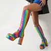 Dress Shoes RIBETRINI Punk Gothic Rainbow Platform Mid Calf Women s Boots Zip High Heels Motorcycle Booties Big Size 43 Woman Winter 230815