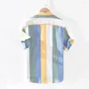 Casual shirts voor heren 2023 Men Summer Fashion Japan Style Bright Color Striped Short Sleeve Single Breasted Pure Linen Hoge Kwaliteit mannelijk