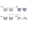 Stud Unicorn Earrings 925 Silver Multi Color Rhinestone Small Heart Cat Rainbow Earring For Women Fashion Jewelry Gift Drop Delivery DHW0N