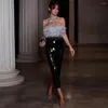 Two Piece Dress Summer Women Elegant Luxury Spaghetti Feather Top Skirt Off Shoulder Sequin Splice Sets Evening Cocktail Party