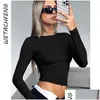 Women'S T-Shirt Black Sexy Bodycon Skims T Shirts Women Harajuku Long Sleeve O Neck Base Tees Tops Summer Solid Skinny Soft Breathab Dhro1