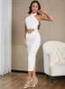 Casual jurken vrouwen sexy wit uit schouder halter mouwloze holle out midi bandage elegante kwamen 2023 bodycon avond feestclub jurk