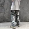 Mens Pants High Street Hiphop Kişilik Graffiti Büyük boy kot pantolonlar ins marka gevşek düz pantolon yırtık pantolon 230815