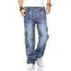 Herren-Jeans, männlich, Hip-Hop, Baggy-Cargo, gerade, lockere Passform für Männer, blaue Denim-Hosen mit Seitentasche, Biker, weites Bein