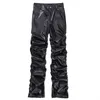 Мужские брюки хип -хоп пу в кожах кожа, винтажные плиссированные уличная одежда Хараджуку Свободная мода Странная черная 230815