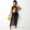 Lässige Kleider EWSFV 2023 Sommer Frauen Nachtclub sexy ströschung Silber Gold Mesh Perspektive Wrap Brust geteiltes Kleid