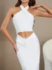 Casual jurken vrouwen sexy wit uit schouder halter mouwloze holle out midi bandage elegante kwamen 2023 bodycon avond feestclub jurk