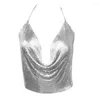 Kvinnors tankar Kvinnor Guld Silver Backless Croped Glitter Beach Club 2023 Sexig Metal Sequined Tank Camis Off Shoulder Navel Exposed