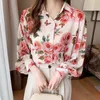 Women's Blouses Rose Print Chiffon Blouse Women 2023 Autumn Elegant Lantaarn Lange mouw Button Up Shirt Woman Kantoor Draag Koreaans losse werk