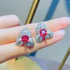 Cluster Rings Luxury Chic Rose Red Crystal Ruby Emerald Gemstones Diamonds Flowers Earrings For Women White Gold Filled Fine Jewelry Set