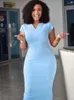 Roupas étnicas Vestido a lápis africano Mulheres v pescoço na cintura alta até o joelho ropa mujer verão sólido elegante escritório vestido de senhora vestido