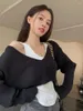 Kvinnors tröjor ZCSMll Korean Suspender Vest Loose and Gentle Short Long Sleeved Sweater Coat Two-Piece Tops 2023 Sleeve Women