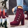 Boots 2021 Женские стая-квадратные каблуки на лодыжке сапоги женская осенняя шнурка для шнуровки