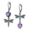 Brincos dangle Huitan Black Punk Dragonfly Shape Mulheres Drop Brincho Purple Heart Vintage Party Feminino Jóias Femininas Acessórios Únicos