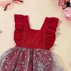 Sukienki dziewczynki dziewczyny romper sukienka bez rękawów kwadratowe gwiazdy szyi cekiny Tiul Patchwork Bodysuit Letni ubrania R230816