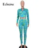Women's Two Piece Pants Echoine Autumn Woman Sexy V Neck Skinny Print Long Sleeve Crop Top And 2 Pieces Set Fashion Street Wind Casual Outfits 230816