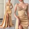 Strapless prom dresses high split sequins v neck satin champagne party dress sweep train dresses for special occasions