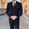 Men's Suits Plyesxale Double Breasted Suit Men 2023 Black Gray Plaid For Latest Coat Pant Design 2 PCS Check Costume Homme Q897