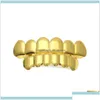 Grillz Dental Grill Custom Fit Gold Plated Hip Hop Rock Grillz Caps Christmas Party vampire hdniz Izwlq Dro Dhyez를위한 상단 하단 그릴 세트