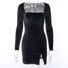 Basic Casual Dresses DFLlifes Sexy Women Dress Velvet Split Party Clubwear Long Sleeve Slim Female Black Bodycon Solid Mini Vestidos 230817